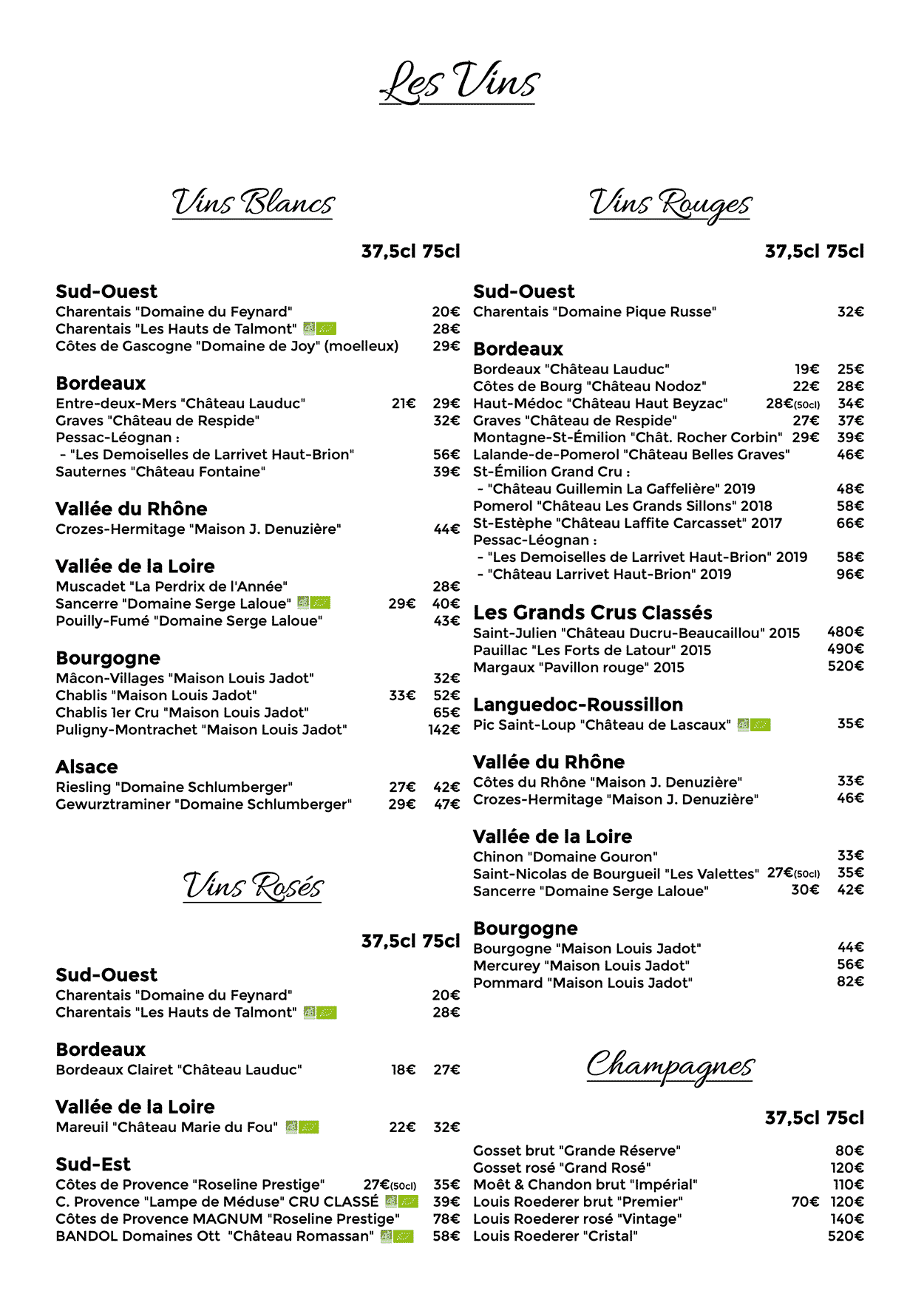 carte des vins restaurant saint-georges royan-cardinal des mers